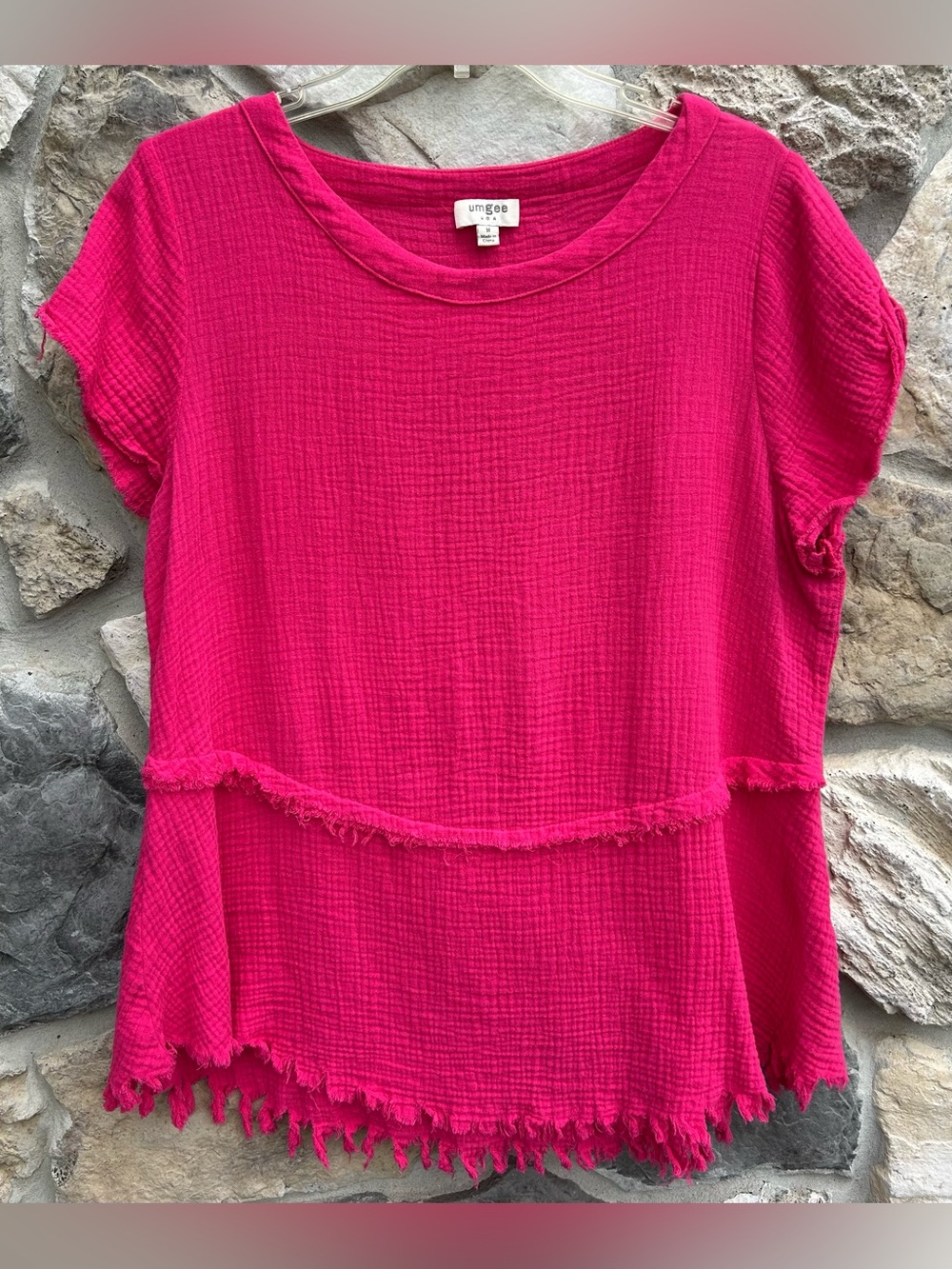 Umgee Gauzy Cotton Top Size M Hot Pink Boxy Boho Casual Beachy Summer Shirt